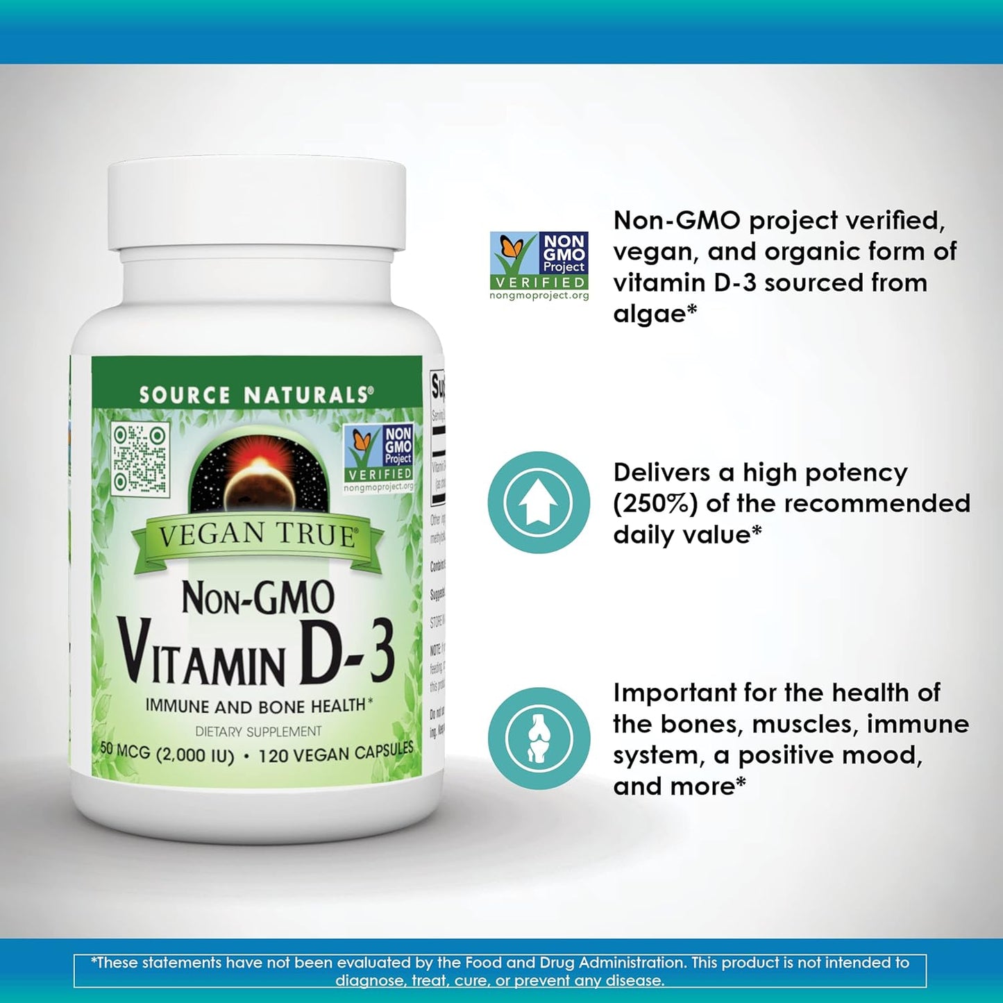 Vegan True Vitamin D-3 2000 IU Capsules for Immune and Bone Health - Non-GMO Formula by Source Naturals