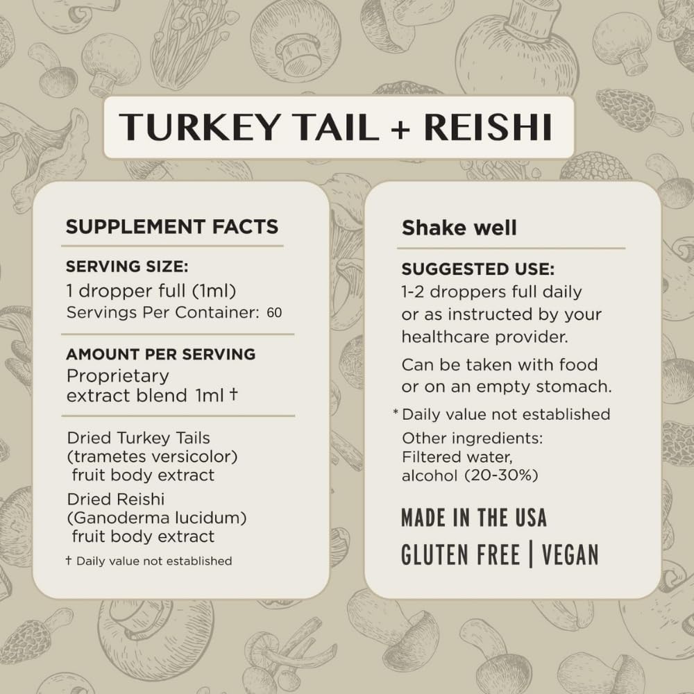 Vegan Turkey Tail and Reishi Mushroom Liquid Supplement for Immune and Digestive Support, 2 Fl Oz