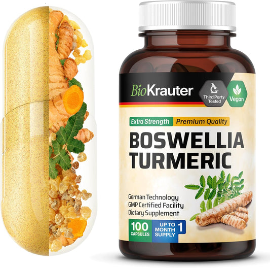 Vegan Turmeric and Boswellia Supplement Capsules - 2000mg Blend - 100 Count with Black Pepper - Bio Krauter Formula