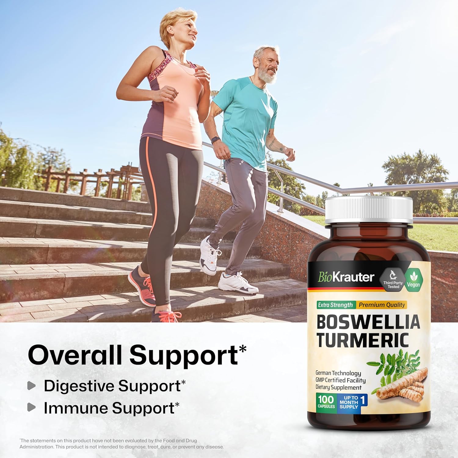 Vegan Turmeric and Boswellia Supplement Capsules - 2000mg Blend - 100 Count with Black Pepper - Bio Krauter Formula