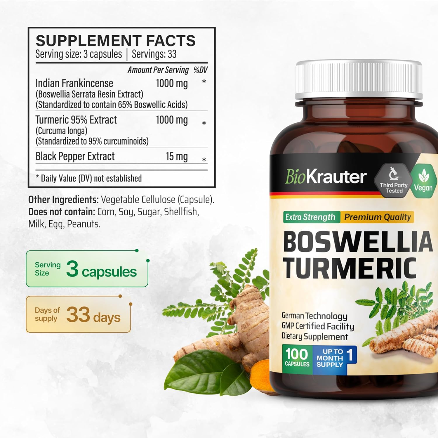 Vegan Turmeric and Boswellia Supplement Capsules - 2000mg Blend - 100 Count with Black Pepper - Bio Krauter Formula