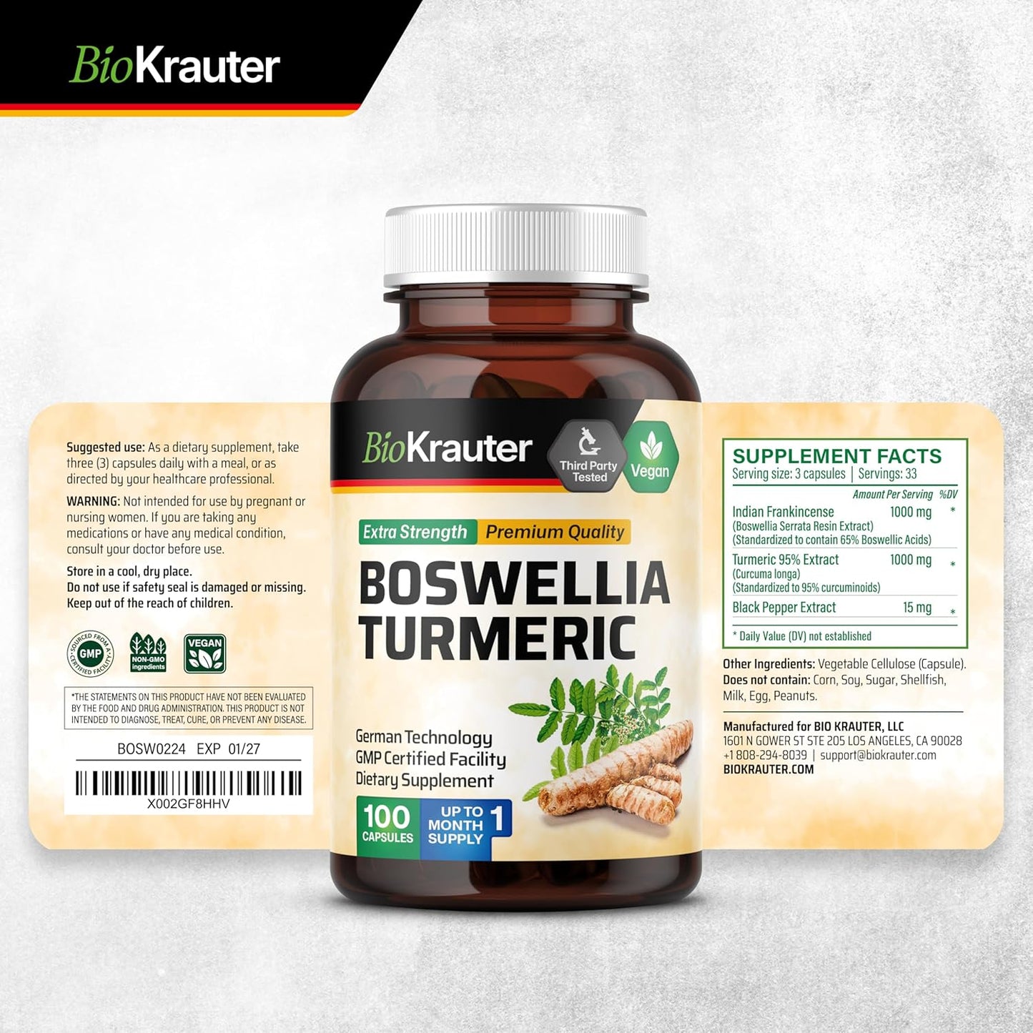 Vegan Turmeric and Boswellia Supplement Capsules - 2000mg Blend - 100 Count with Black Pepper - Bio Krauter Formula