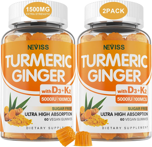 Vegan Turmeric Ginger Gummies with Vitamin D3 & K2 - 1500mg for Bone, Immune & Digestive Health - Sugar Free Formula with Black Pepper