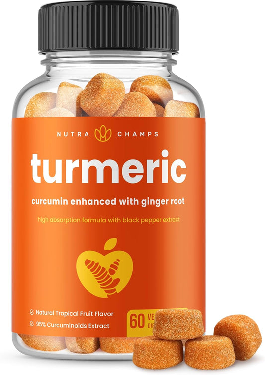 Vegan Turmeric Gummies with Ginger and Black Pepper Extract for Joint Support - 95% Curcuminoids - Natural Supplement for Adults and Kids