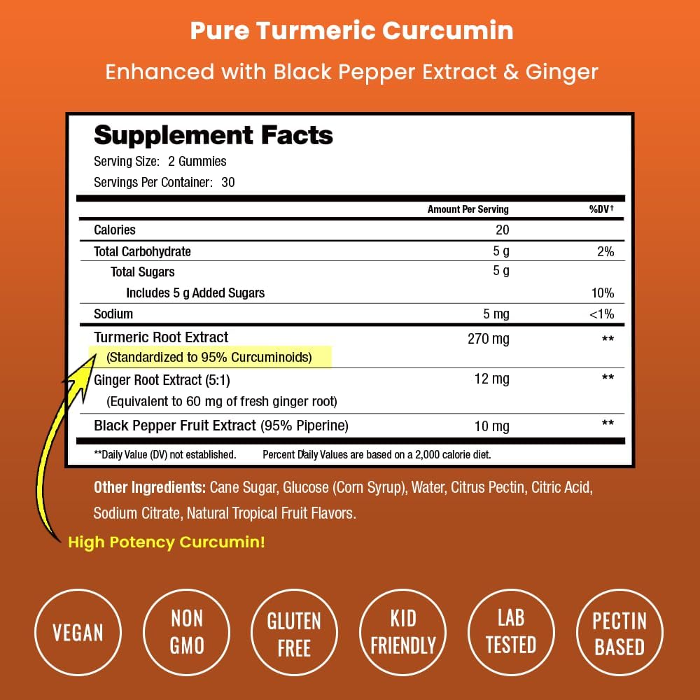 Vegan Turmeric Gummies with Ginger and Black Pepper Extract for Joint Support - 95% Curcuminoids - Natural Supplement for Adults and Kids