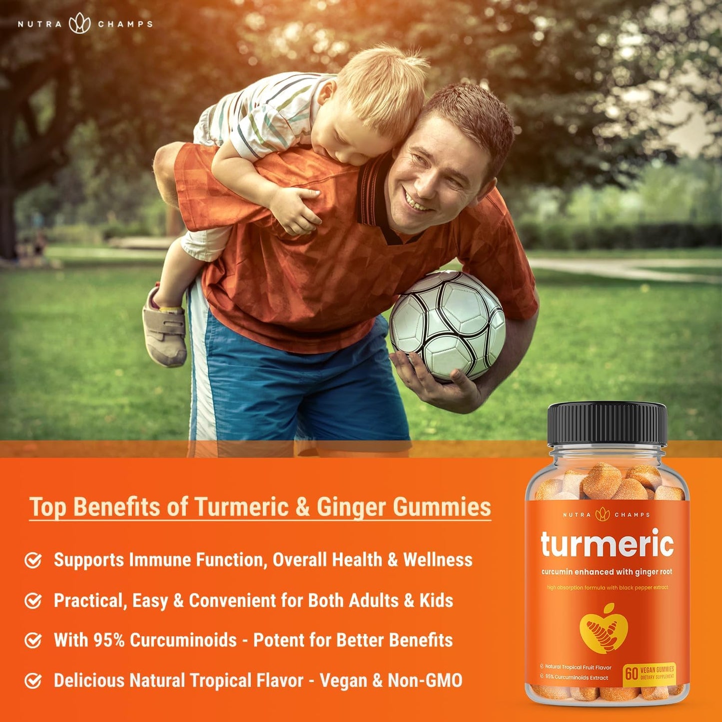 Vegan Turmeric Gummies with Ginger and Black Pepper Extract for Joint Support - 95% Curcuminoids - Natural Supplement for Adults and Kids