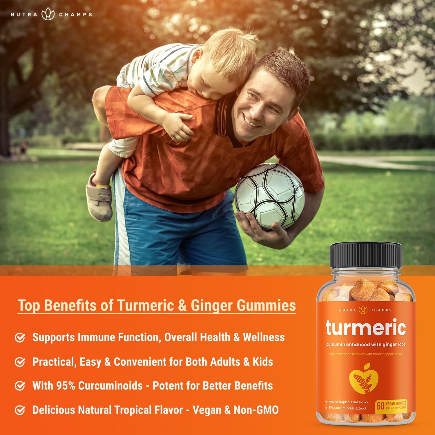 Vegan Turmeric Gummies with Ginger and Black Pepper Extract for Joint Support - 95% Curcuminoids - Natural Supplement for Adults and Kids