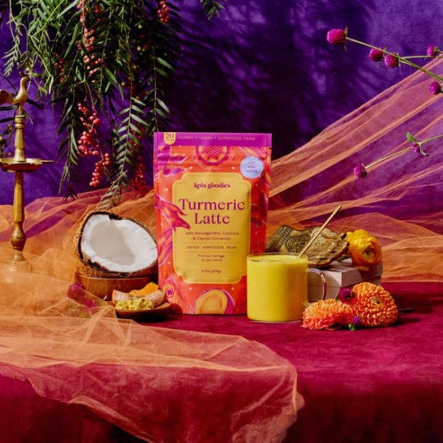 Vegan Turmeric Latte Superfood with Ashwagandha, Coconut, Cinnamon - Supports Digestion, Immunity, Relaxation - 18 Servings