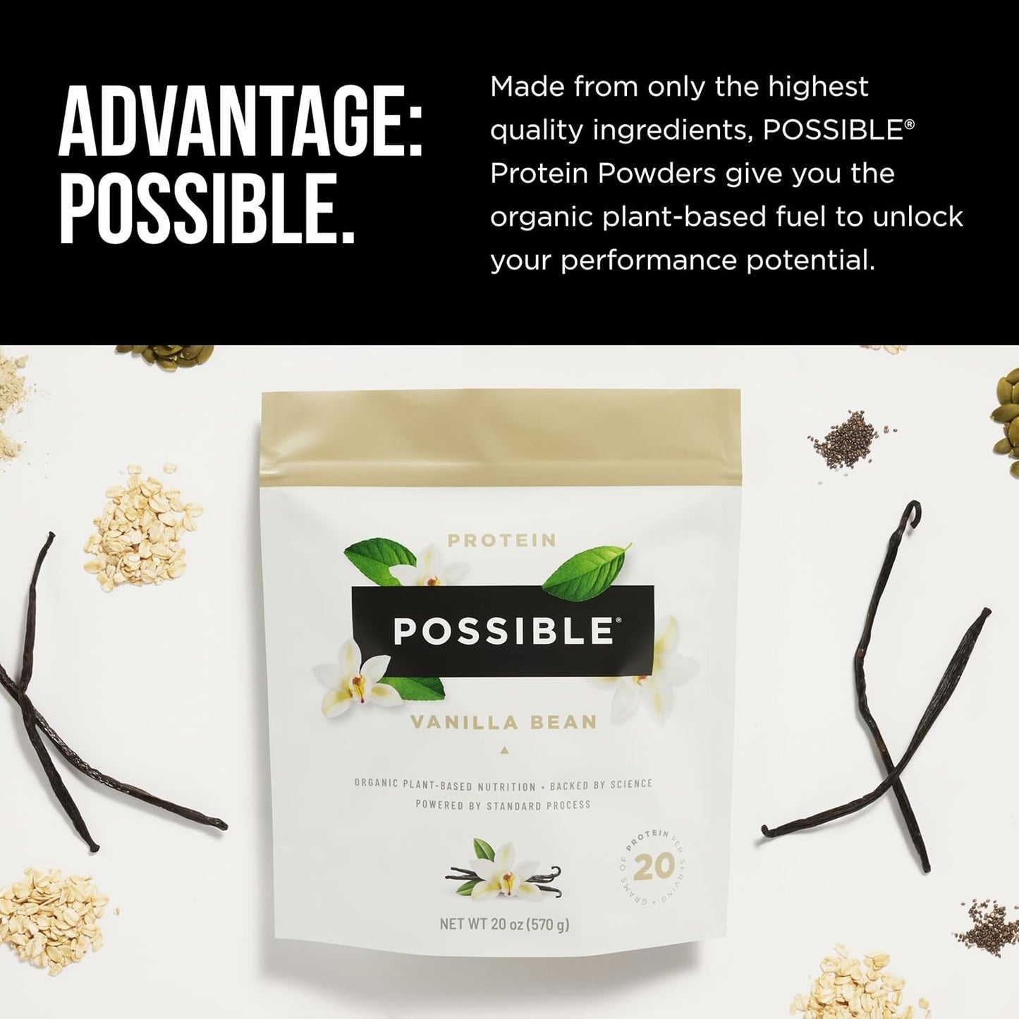 Vegan Vanilla Bean Protein Powder - 20g Plant-Based Protein Mix - Non-GMO, Gluten-Free - 3.5g BCAAs - 9 Essential Amino Acids - 30-Day Supply