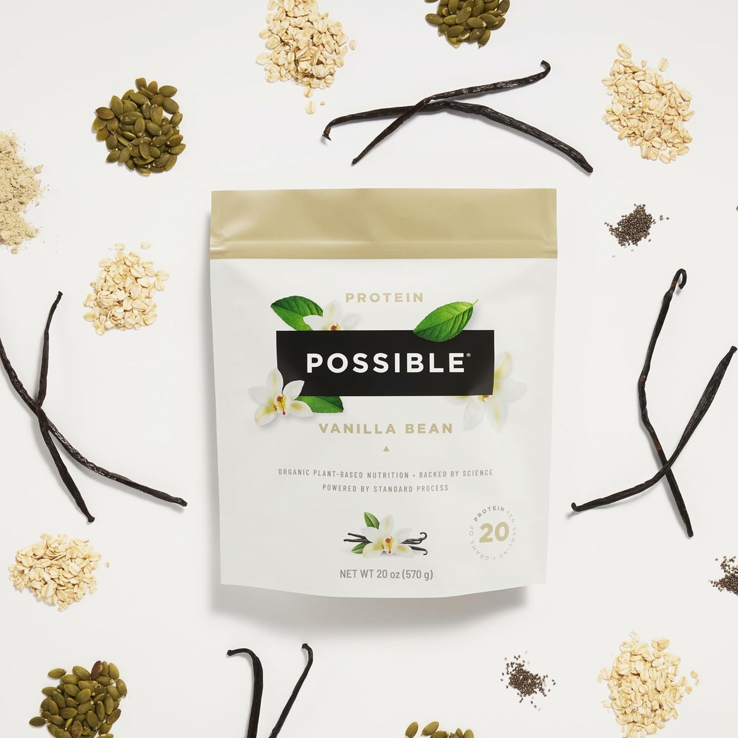 Vegan Vanilla Bean Protein Powder - 20g Plant-Based Protein Mix - Non-GMO, Gluten-Free - 3.5g BCAAs - 9 Essential Amino Acids - 30-Day Supply