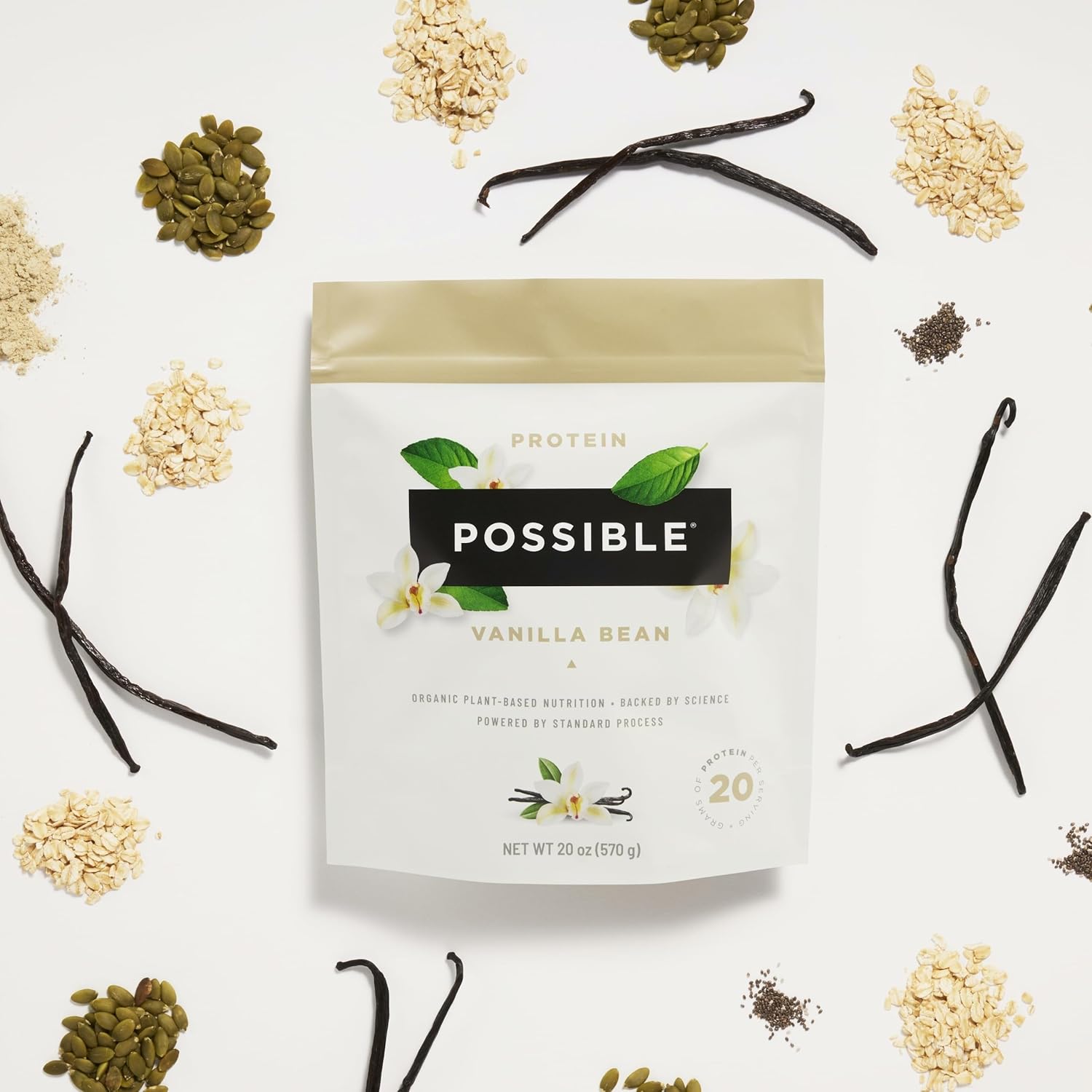 Vegan Vanilla Bean Protein Powder - 20g Plant-Based Protein Mix - Non-GMO, Gluten-Free - 3.5g BCAAs - 9 Essential Amino Acids - 30-Day Supply