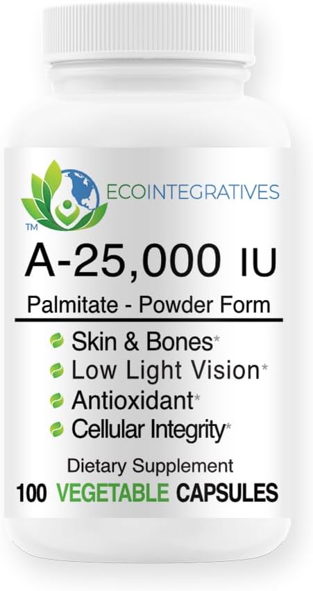 Vegan Vitamin A Supplement for Vision, Immune Support, Skin & Bone Health - 25,000 IU Palmitate Powder (100 Capsules) EcoIntegratives