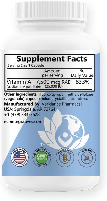 Vegan Vitamin A Supplement for Vision, Immune Support, Skin & Bone Health - 25,000 IU Palmitate Powder (100 Capsules) EcoIntegratives
