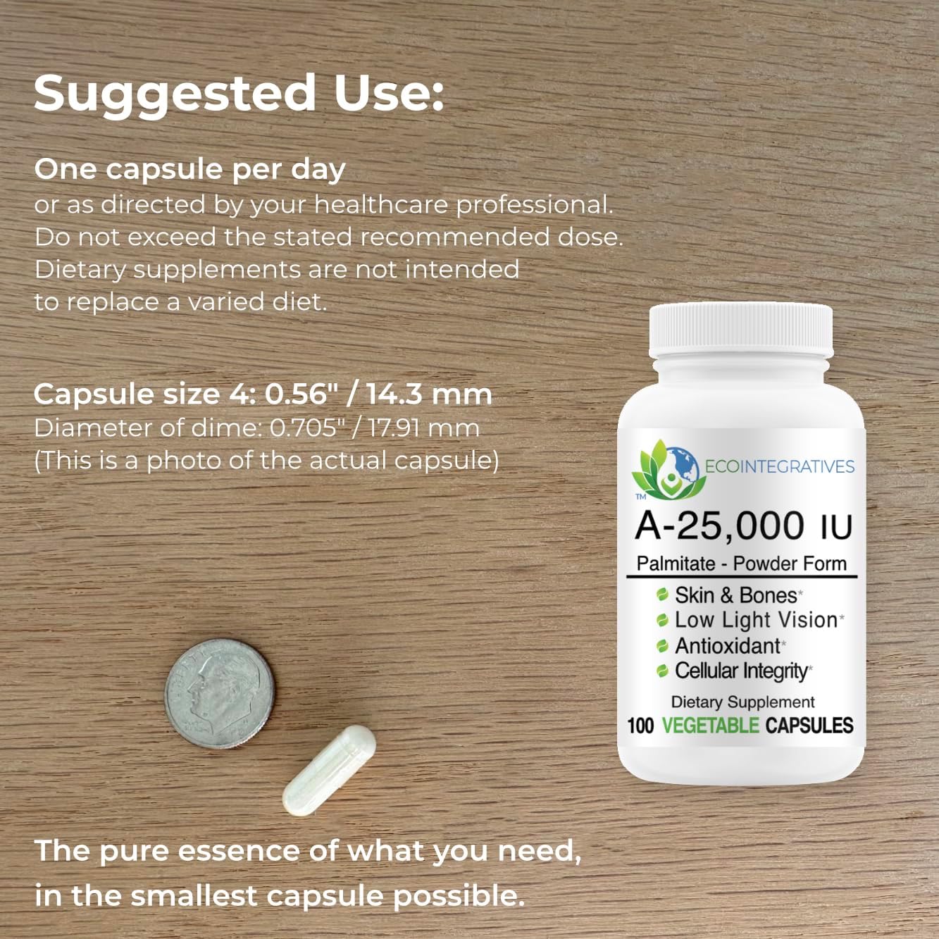 Vegan Vitamin A Supplement for Vision, Immune Support, Skin & Bone Health - 25,000 IU Palmitate Powder (100 Capsules) EcoIntegratives