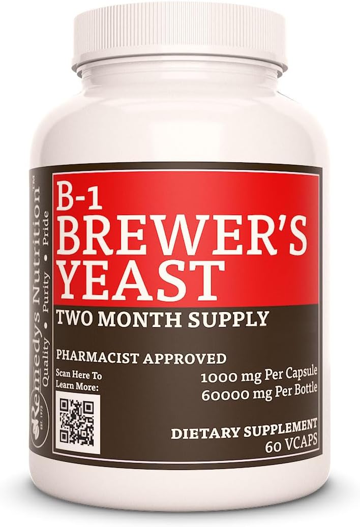 Vegan Vitamin B-1 with Brewers Yeast 1,000mg - 60 Capsules - Non-GMO, Gluten Free, Dairy Free