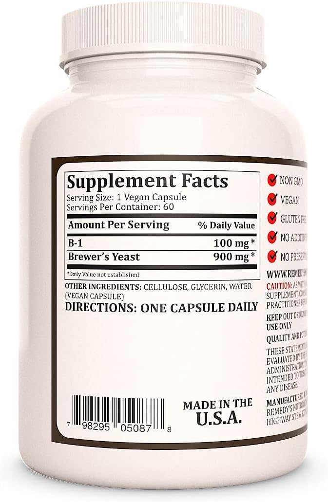 Vegan Vitamin B-1 with Brewers Yeast 1,000mg - 60 Capsules - Non-GMO, Gluten Free, Dairy Free