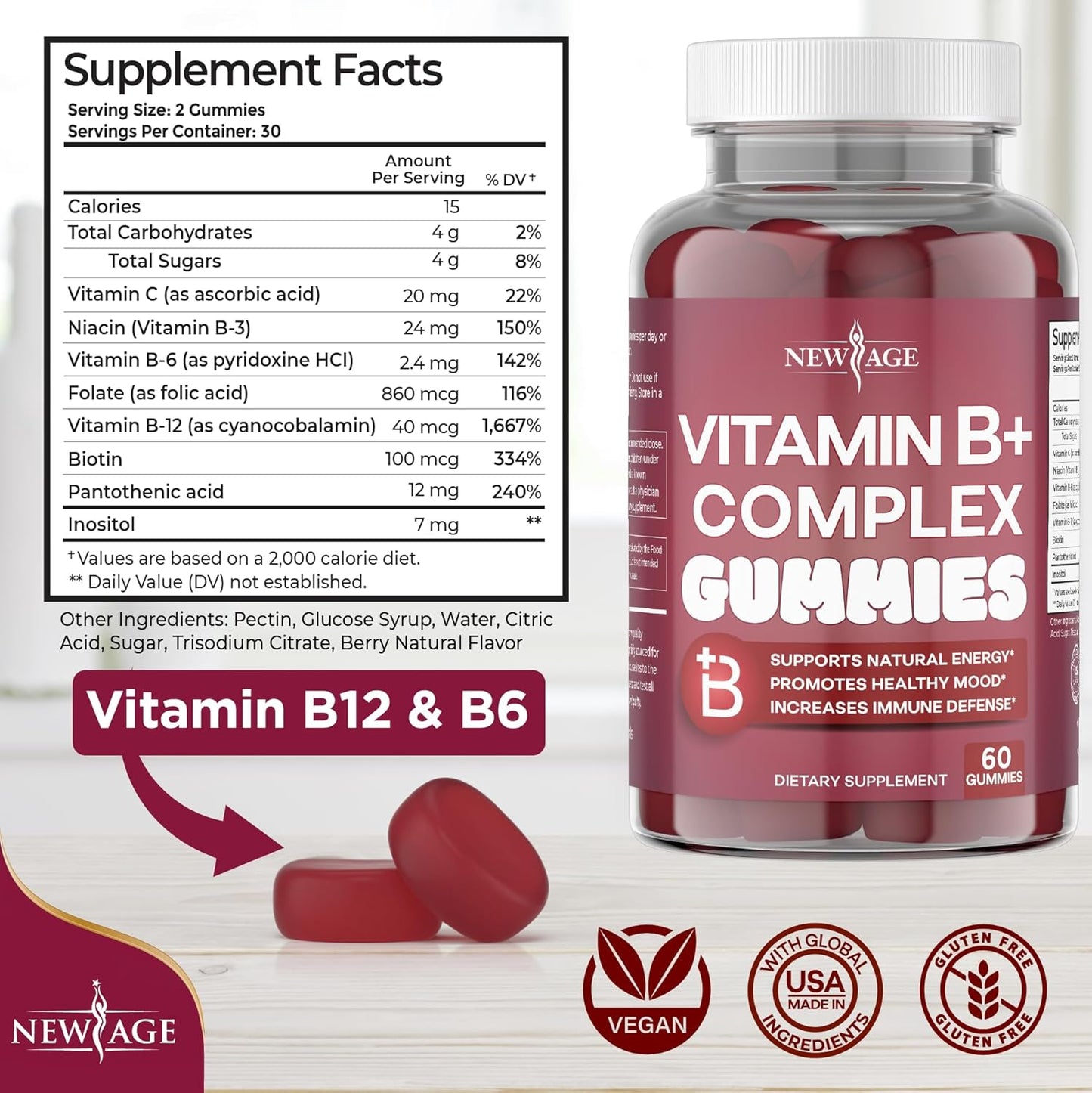 Vegan Vitamin B Complex Gummies with Biotin, Folic Acid, and Vitamin C - 180 Count (Pack of 3) - Gluten-Free - Made in the USA