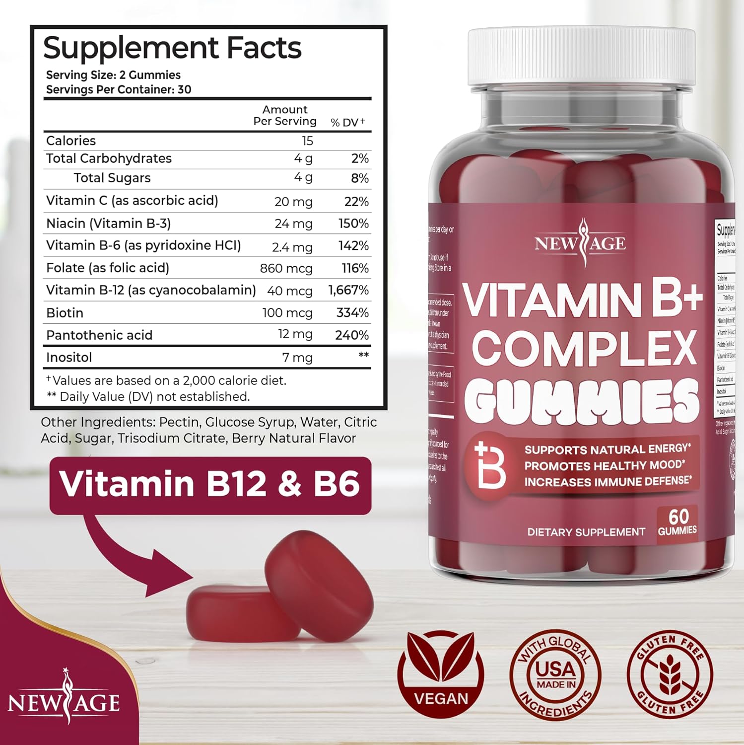Vegan Vitamin B Complex Gummies with Biotin, Folic Acid, and Vitamin C - 180 Count (Pack of 3) - Gluten-Free - Made in the USA