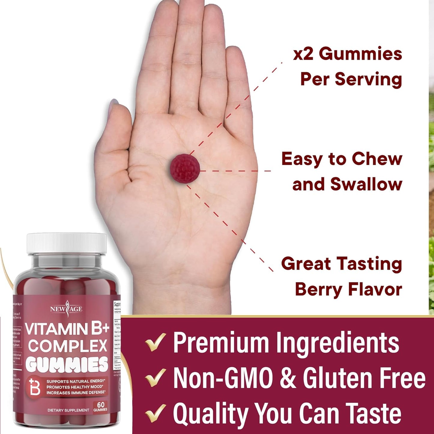Vegan Vitamin B Complex Gummies with Biotin, Folic Acid, and Vitamin C - 180 Count (Pack of 3) - Gluten-Free - Made in the USA
