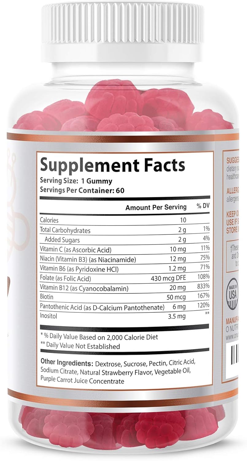 Vegan Vitamin B Complex Gummies with Biotin, Niacin, Folate for Stress & Energy (1 Pack)