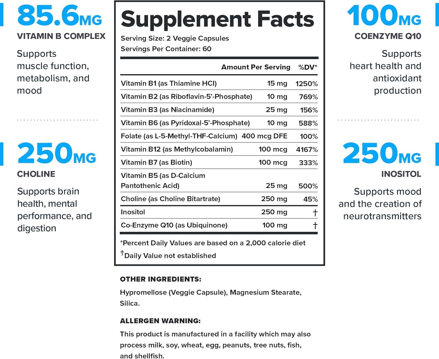 Vegan Vitamin B Complex with Choline and Inositol - Mood & Liver Support - 120 Capsules for Energy & Muscle