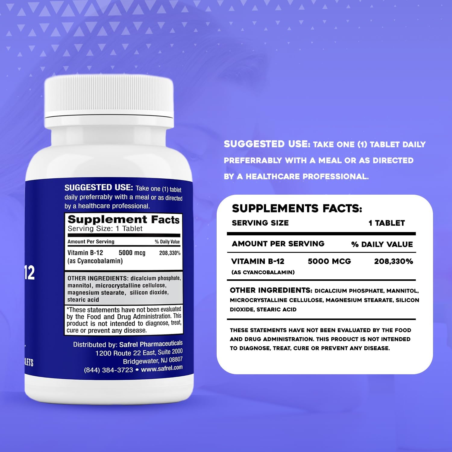 Vegan Vitamin B12 5000 mcg Tablets, 200-Day Supply for Energy, Metabolism, and Nervous System Support | Gluten-Free, Dye-Free, Made in USA