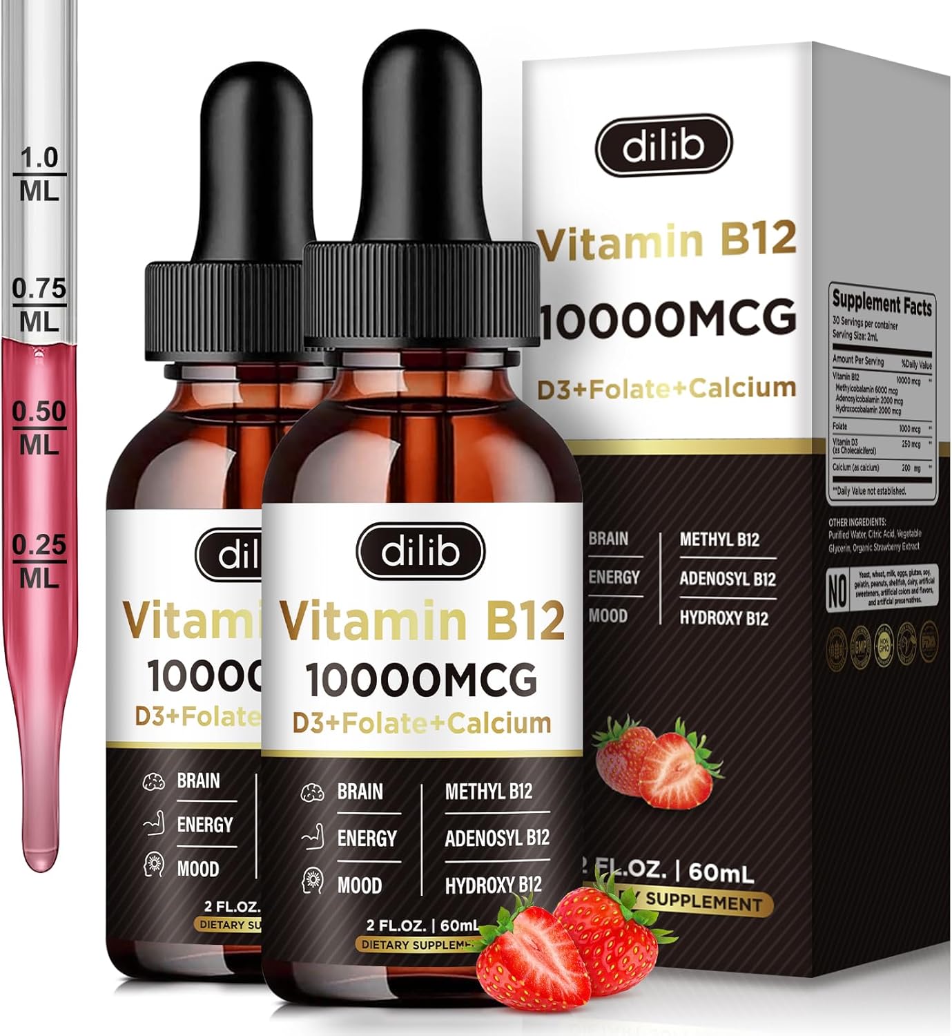 Vegan Vitamin B12 Complex Liquid Drops | 10000 mcg Sublingual Supplement | Methylcobalamin & Adenosylcobalamin & Hydroxo Blend | Long-Lasting Energy | Healthy Metabolism | 2 Pack