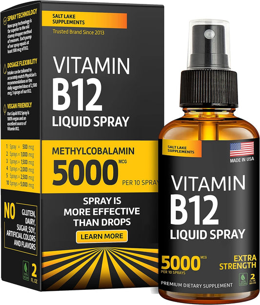 Vegan Vitamin B12 Sublingual Spray for Energy & Mood Boost - Methylcobalamin Liquid Drops - Gluten-Free & Non-GMO Formula - Easy Dosage Spray