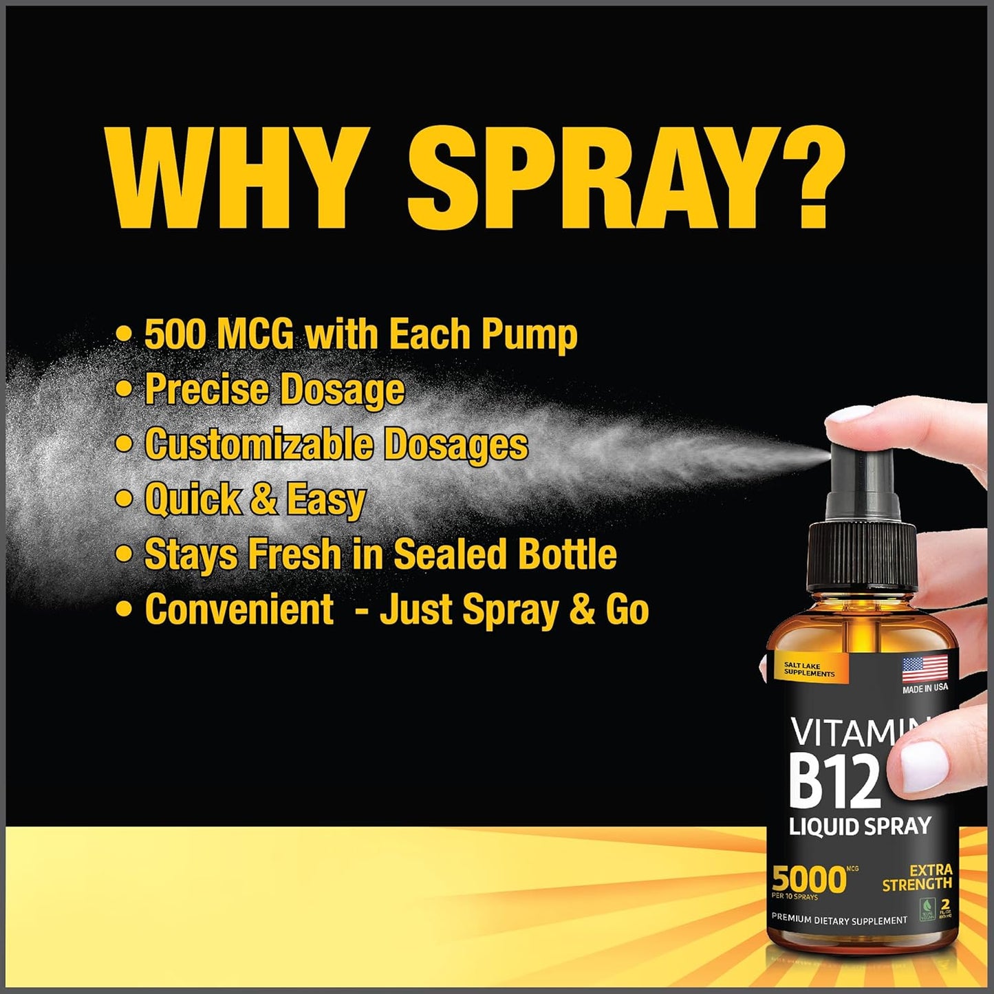 Vegan Vitamin B12 Sublingual Spray for Energy & Mood Boost - Methylcobalamin Liquid Drops - Gluten-Free & Non-GMO Formula - Easy Dosage Spray