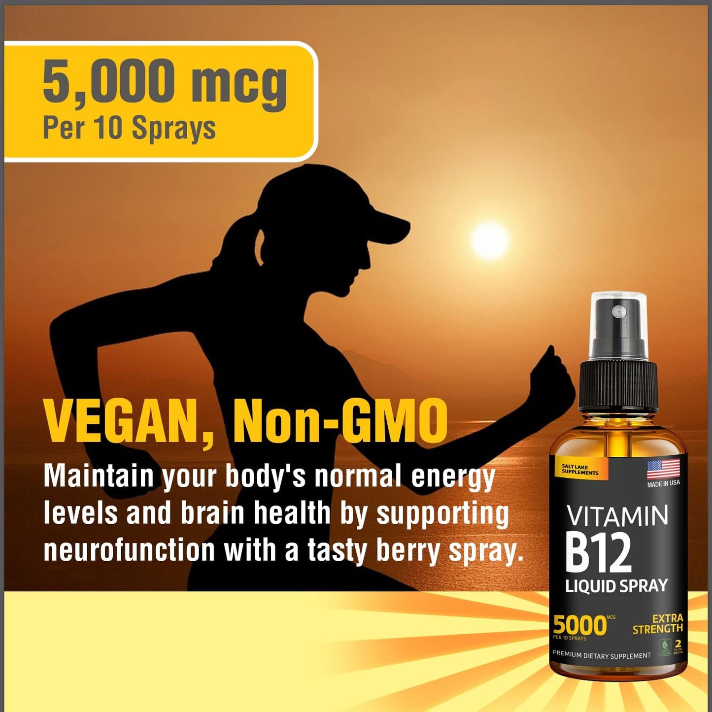Vegan Vitamin B12 Sublingual Spray for Energy & Mood Boost - Methylcobalamin Liquid Drops - Gluten-Free & Non-GMO Formula - Easy Dosage Spray