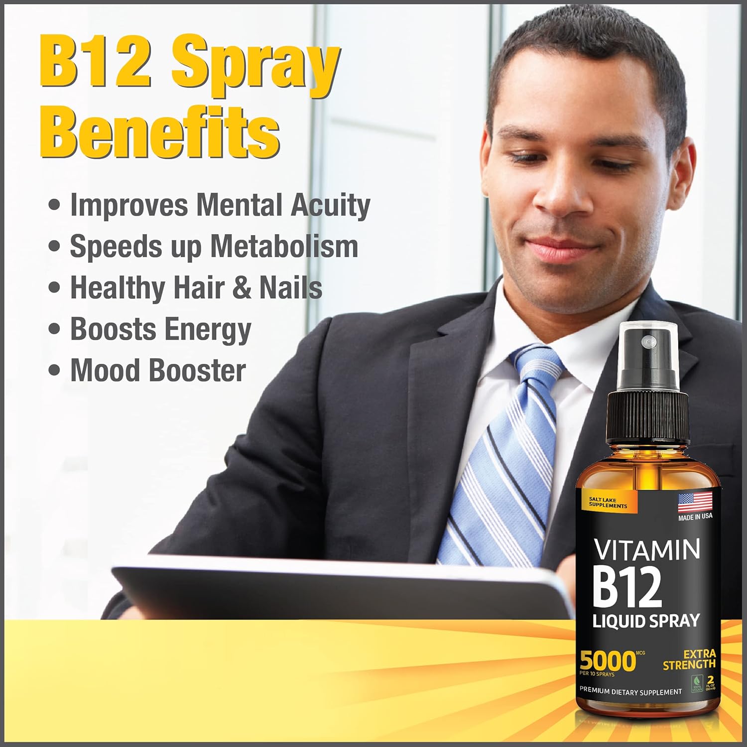 Vegan Vitamin B12 Sublingual Spray for Energy & Mood Boost - Methylcobalamin Liquid Drops - Gluten-Free & Non-GMO Formula - Easy Dosage Spray