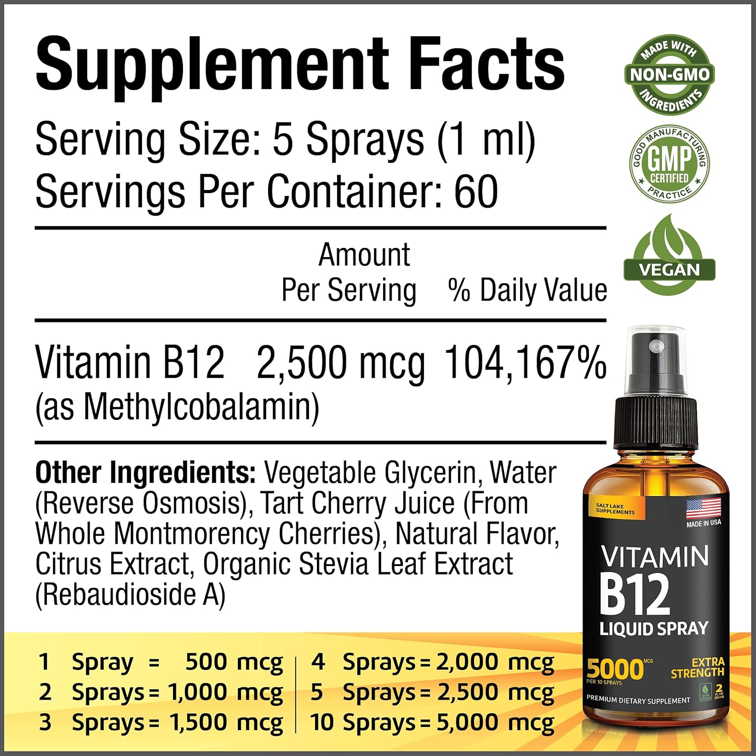 Vegan Vitamin B12 Sublingual Spray for Energy & Mood Boost - Methylcobalamin Liquid Drops - Gluten-Free & Non-GMO Formula - Easy Dosage Spray