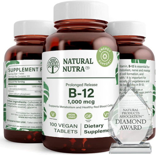 Vegan Vitamin B12 Supplement 1000 mcg for Heart & Nerve Health, Metabolism Support, Optimal Absorption - Gluten & Sugar Free