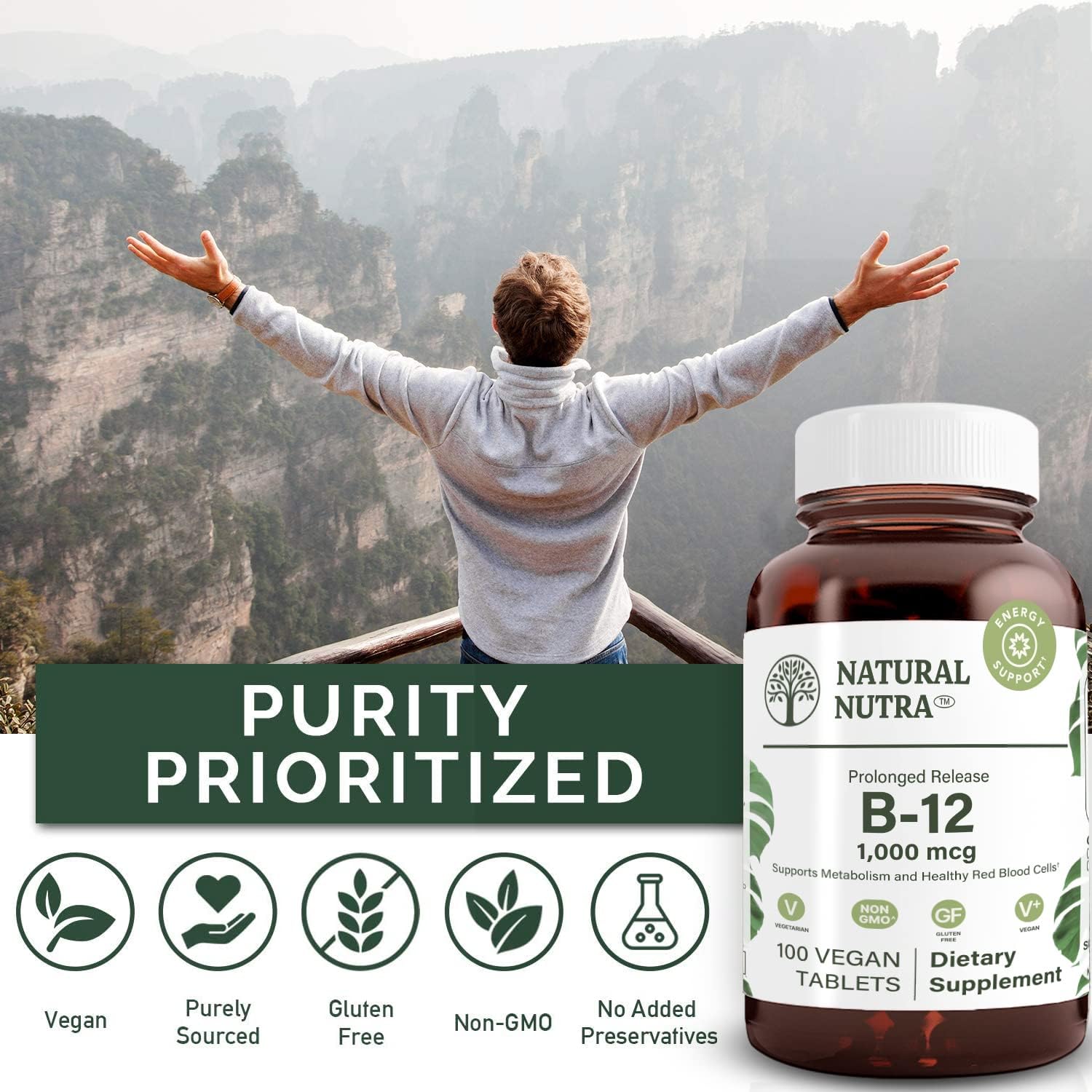 Vegan Vitamin B12 Supplement 1000 mcg for Heart & Nerve Health, Metabolism Support, Optimal Absorption - Gluten & Sugar Free
