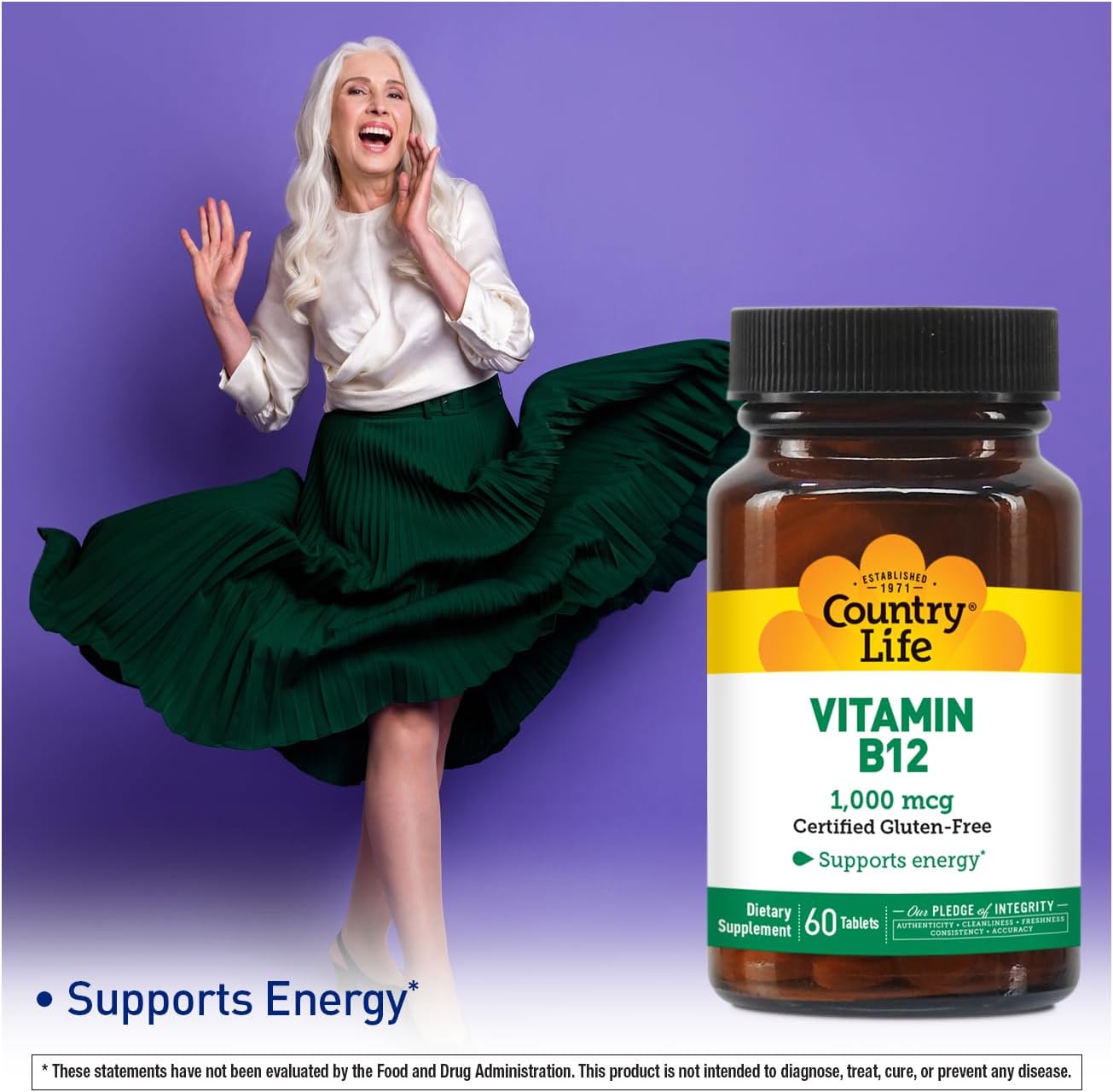 Vegan Vitamin B12 Supplement 1000mcg for Brain, Nerve, and Blood Health - Anemia Prevention - Gluten-Free, 60 Tablets