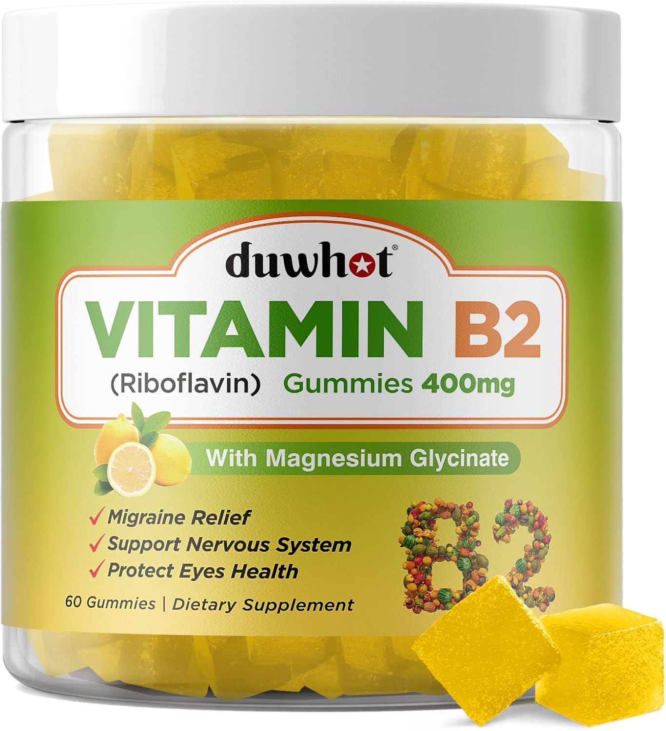 Vegan Vitamin B2 Gummies with Magnesium for Migraine & Headache Relief - Riboflavin 400mg Chewables for Adults & Kids (60 Count)