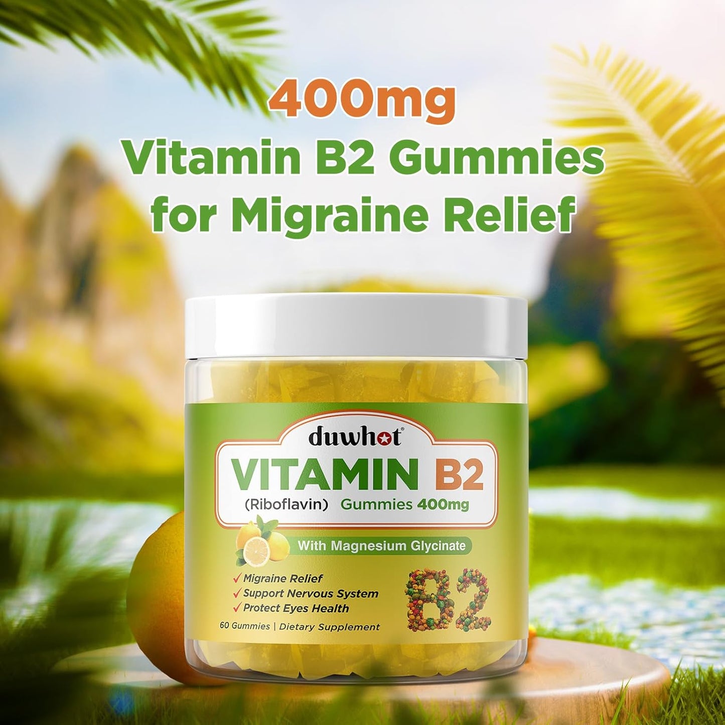 Vegan Vitamin B2 Gummies with Magnesium for Migraine & Headache Relief - Riboflavin 400mg Chewables for Adults & Kids (60 Count)