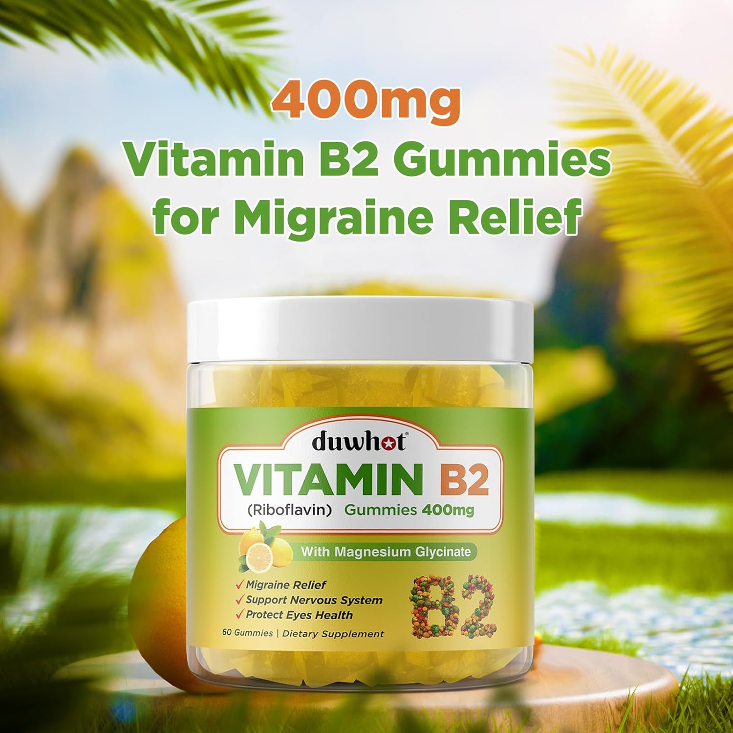 Vegan Vitamin B2 Gummies with Magnesium for Migraine & Headache Relief - Riboflavin 400mg Chewables for Adults & Kids (60 Count)