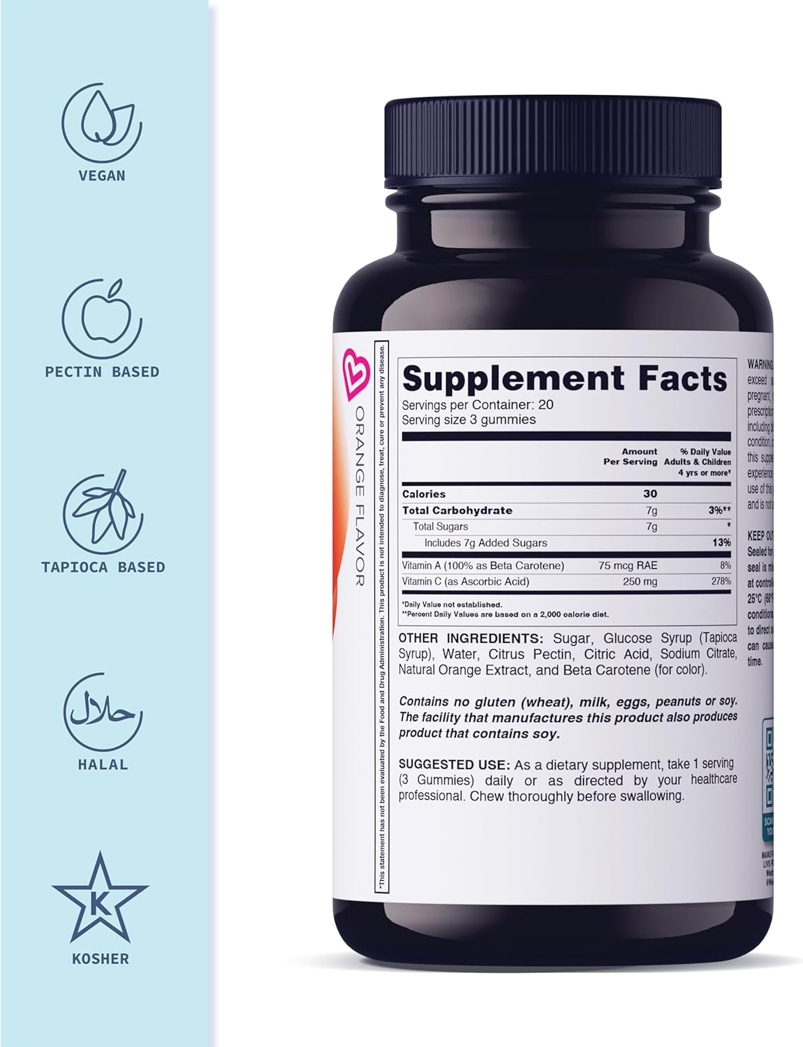 Vegan Vitamin C Gummies for Adults - Immune Support, No Artificial Flavors, Orange, 250mg, 60 Count