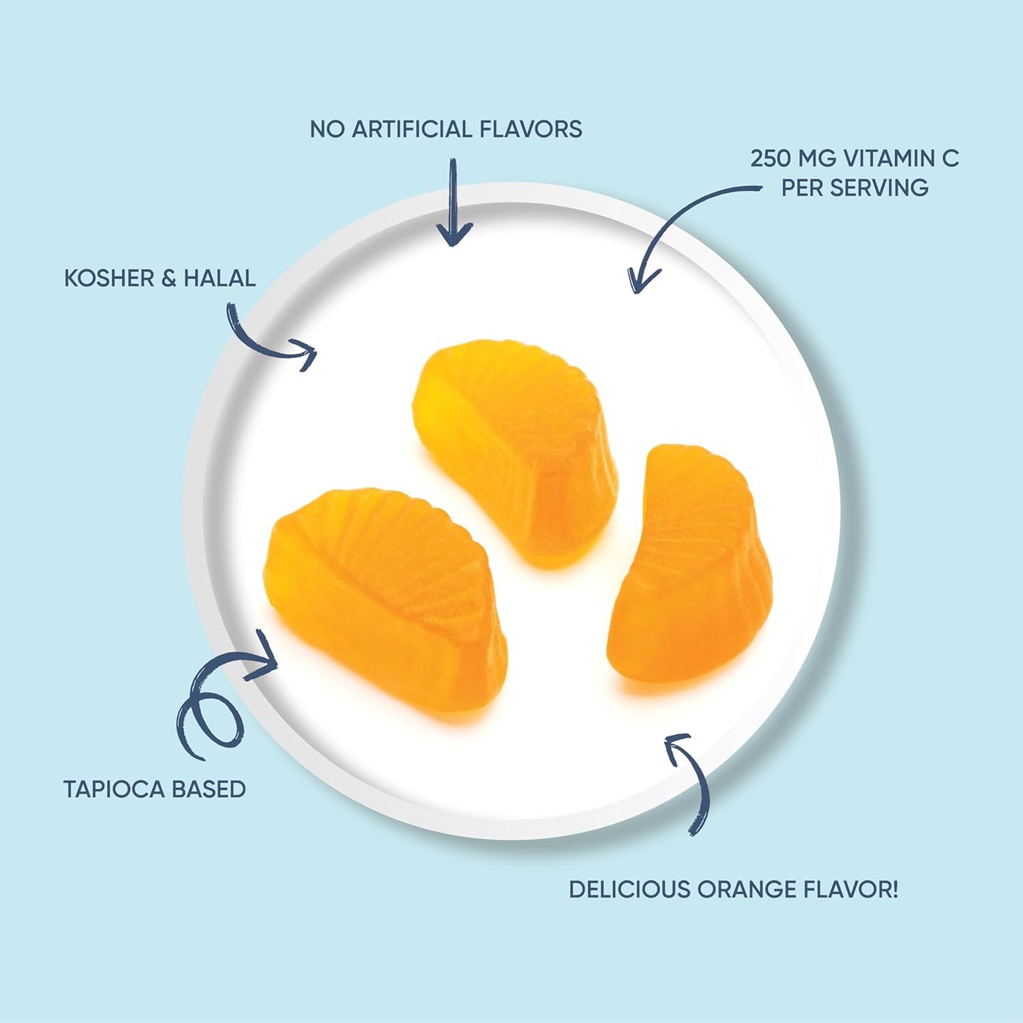 Vegan Vitamin C Gummies for Adults - Immune Support, No Artificial Flavors, Orange, 250mg, 60 Count