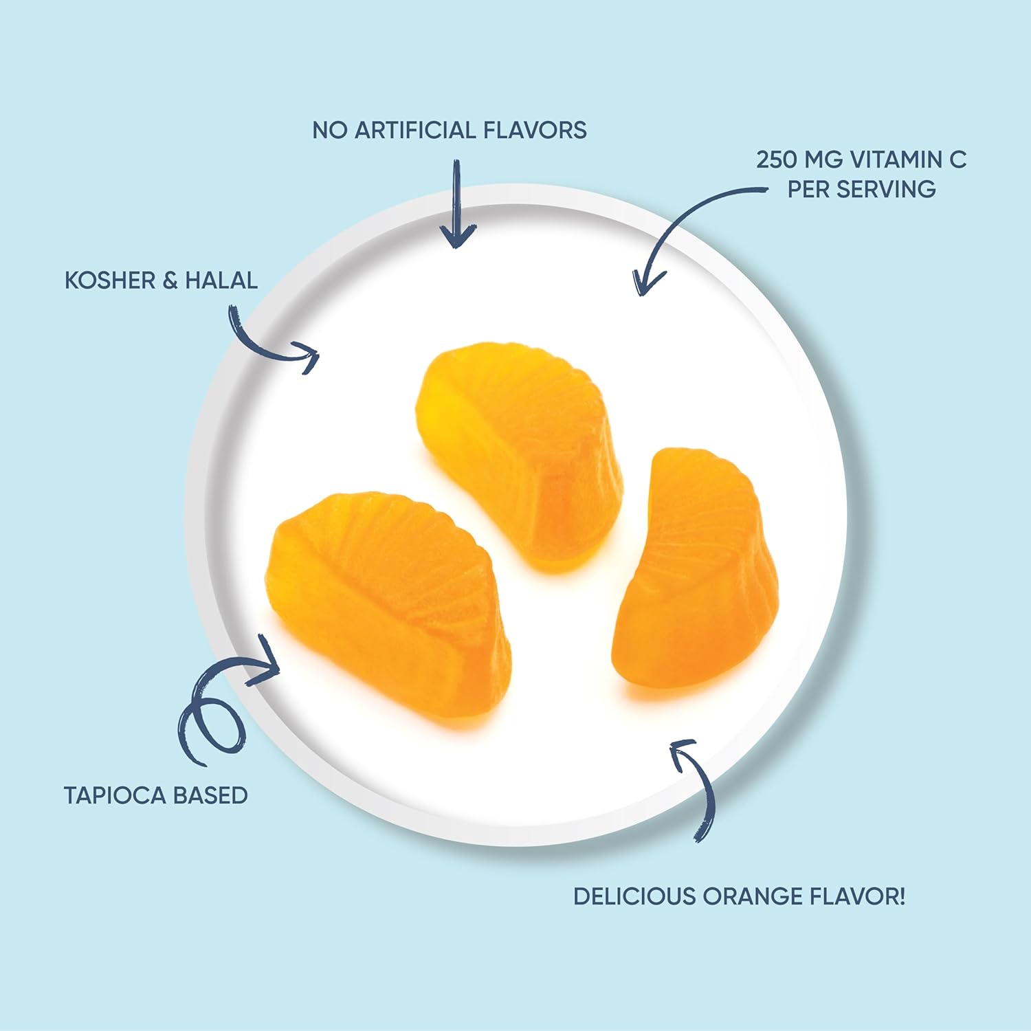 Vegan Vitamin C Gummies for Adults - Immune Support, No Artificial Flavors, Orange, 250mg, 60 Count