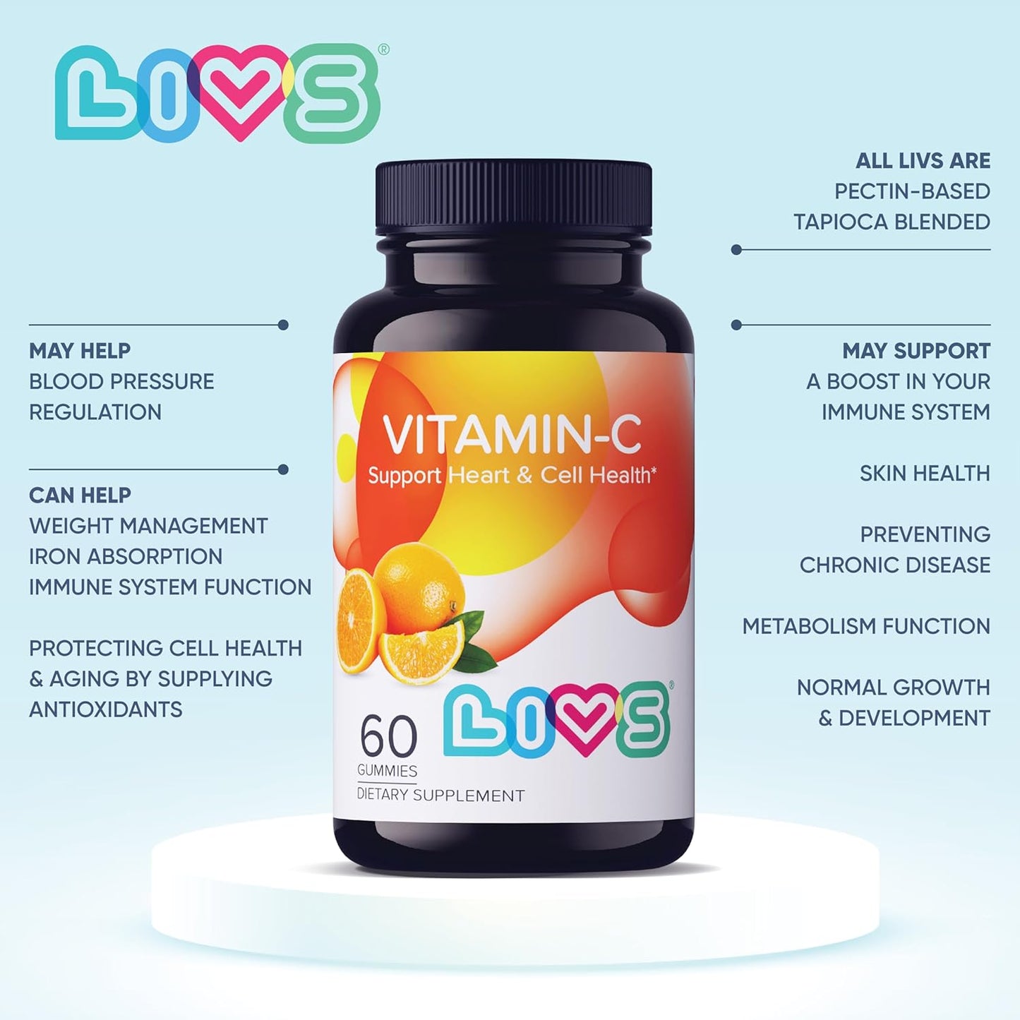 Vegan Vitamin C Gummies for Adults - Immune Support, No Artificial Flavors, Orange, 250mg, 60 Count