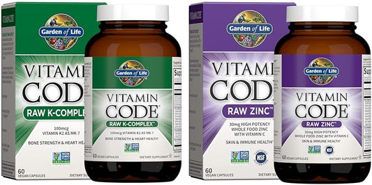 Vegan Vitamin Complex for Bone, Heart, Immune & Digestive Support - Garden of Life Vitamin K2, K1, Zinc & C - 60 Day Supply