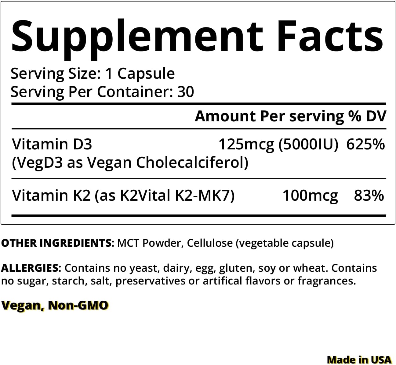 Vegan Vitamin D3 K2 Capsules with MCT for Bone and Immune Health - 30 Day Supply