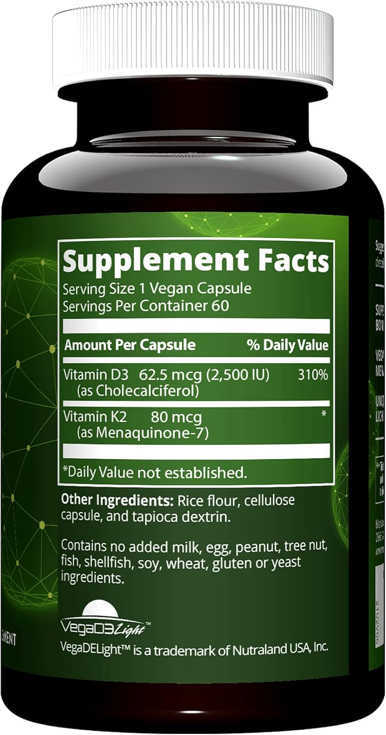 Vegan Vitamin D3 & K2 Supplement for Bone and Immune Health - Made from Lichens - Supports Calcium Absorption - 60 Servings