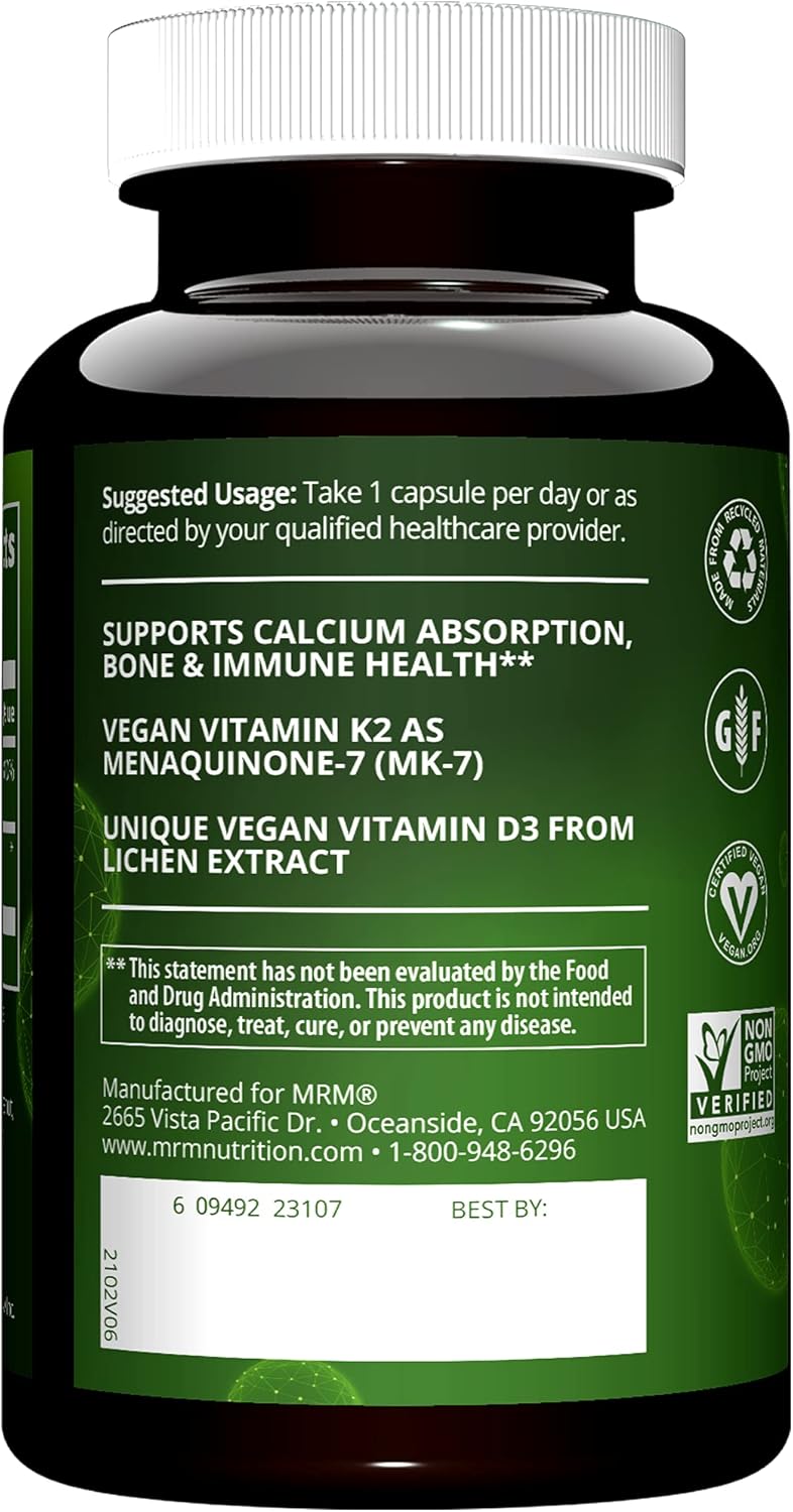 Vegan Vitamin D3 & K2 Supplement for Bone and Immune Health - Made from Lichens - Supports Calcium Absorption - 60 Servings