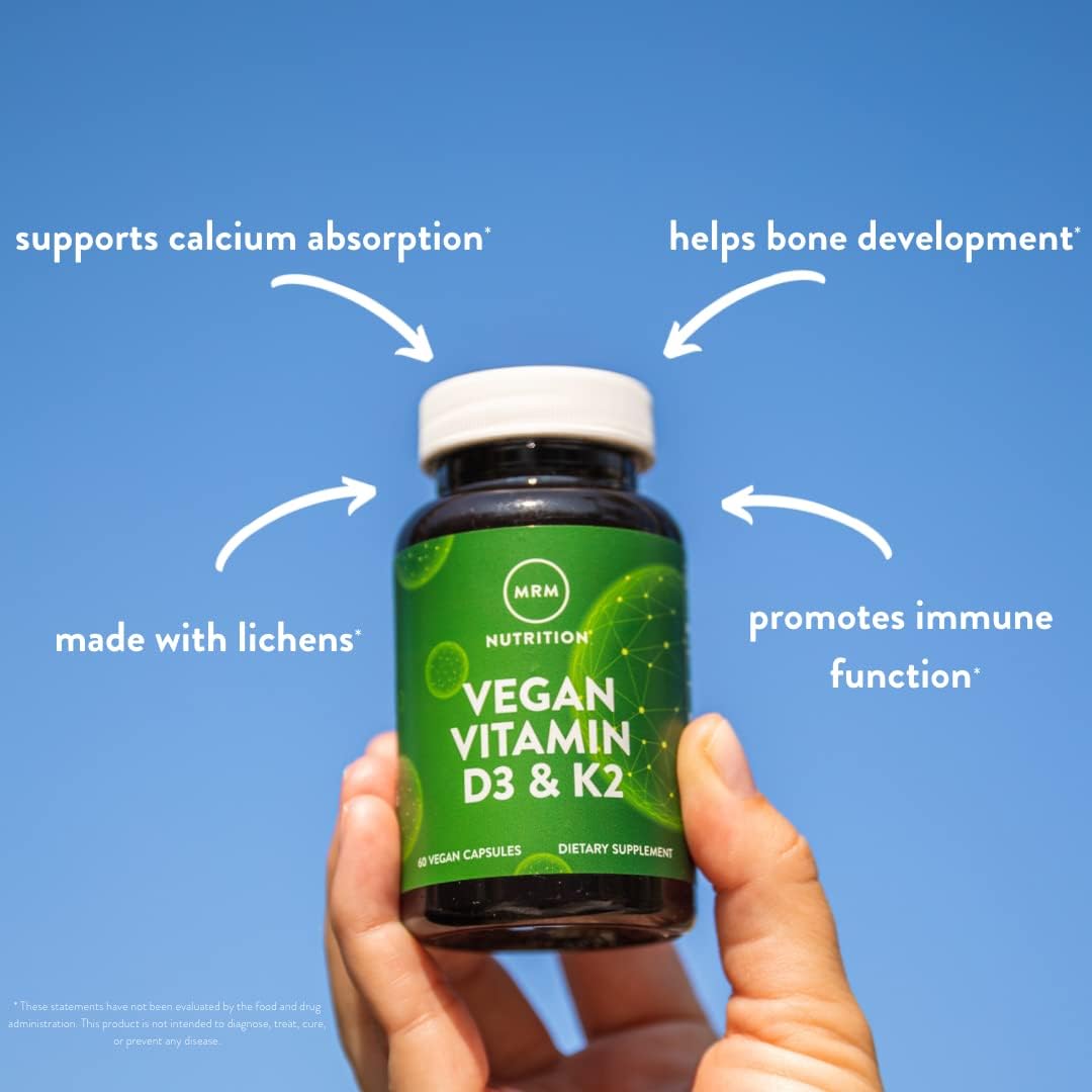 Vegan Vitamin D3 & K2 Supplement for Bone and Immune Health - Made from Lichens - Supports Calcium Absorption - 60 Servings