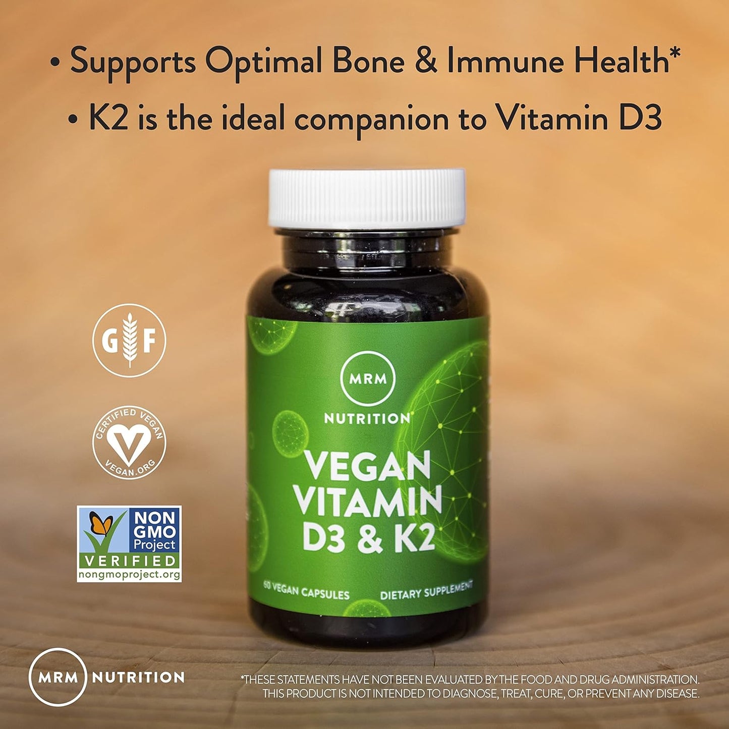 Vegan Vitamin D3 & K2 Supplement for Bone and Immune Health - Made from Lichens - Supports Calcium Absorption - 60 Servings