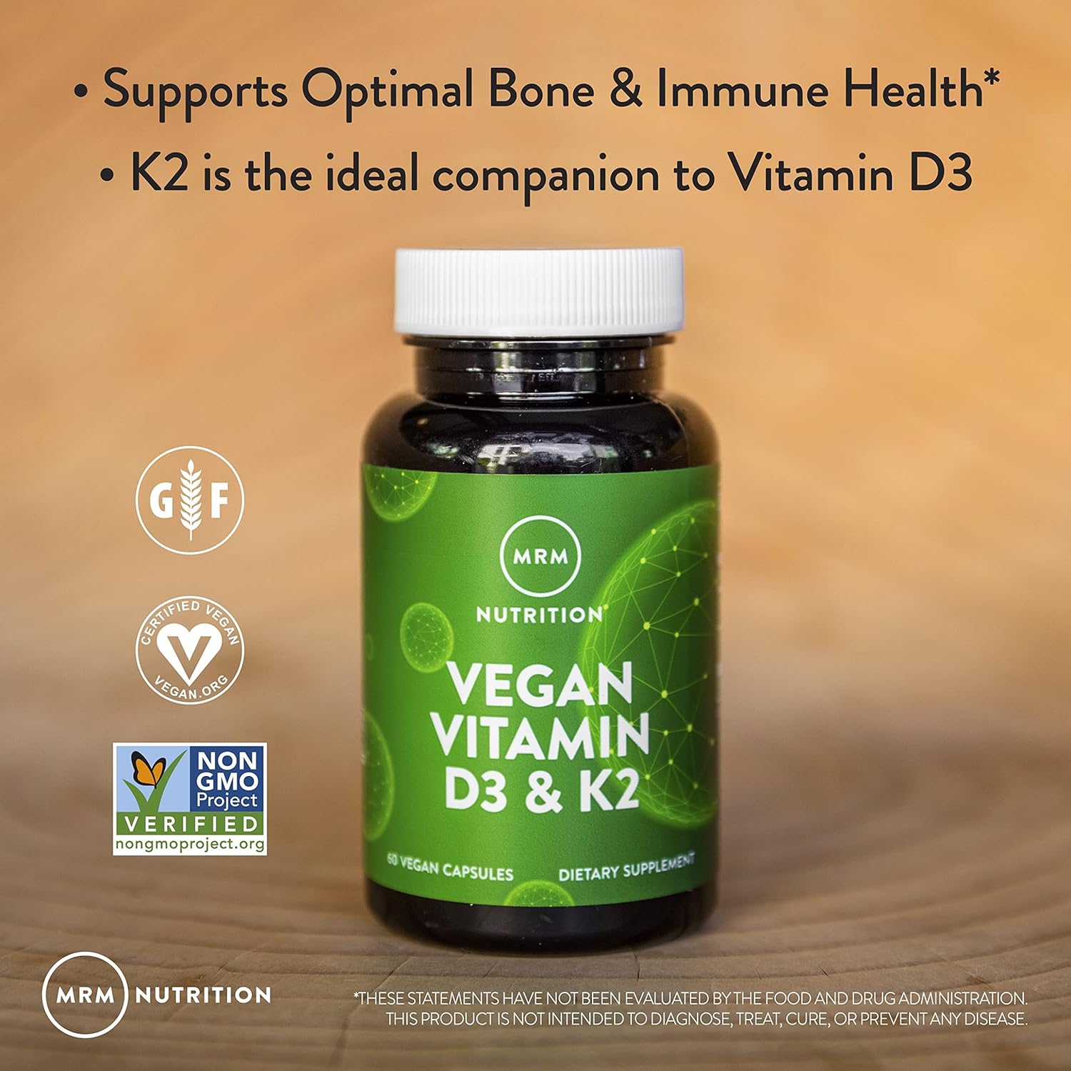 Vegan Vitamin D3 & K2 Supplement for Bone and Immune Health - Made from Lichens - Supports Calcium Absorption - 60 Servings