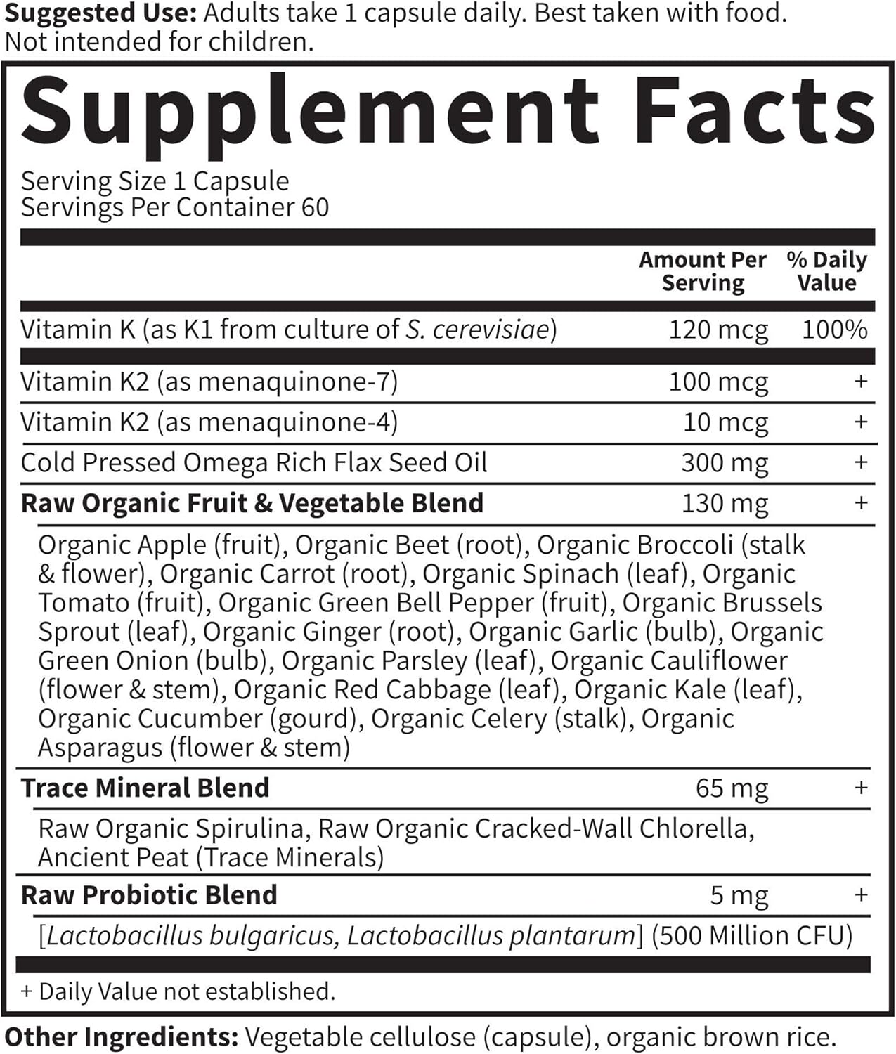 Vegan Vitamin K Complex with Omega-Rich Flax Seed Oil, Probiotics, and Trace Minerals for Bone and Heart Health - 60 Day Supply